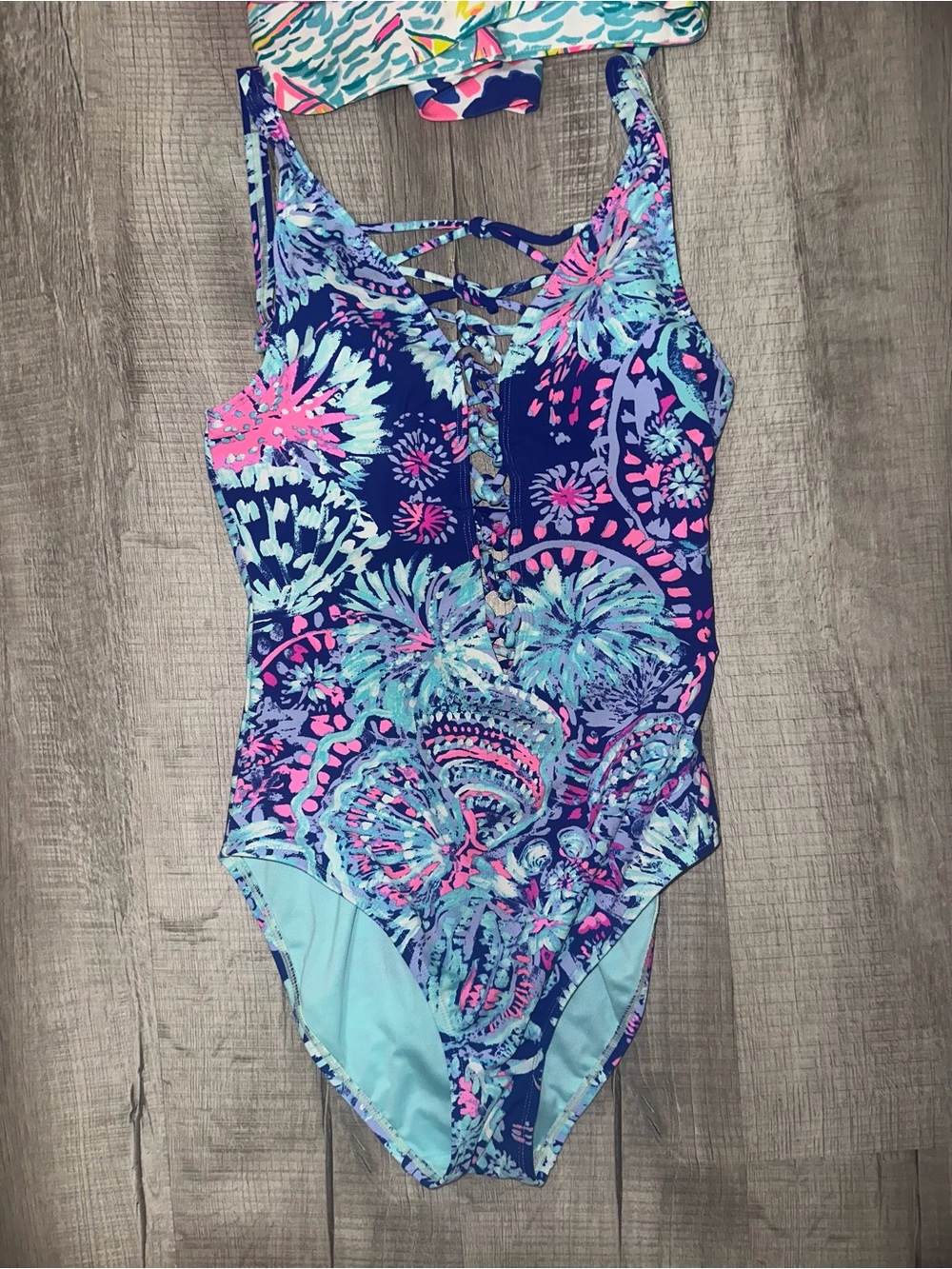 Lilly Pulitzer Navy Pink Aqua Floral One-Piece Swimsuit